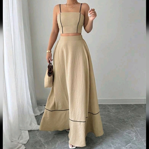 2pcs Set Women Elegant Spaghetti Strap Camisole Top And A-Line Maxi Skir - Picture 1 of 4